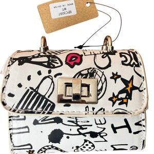 White Graffiti-Print Crossbody Bag with Gold-Tone Turn-Lock
